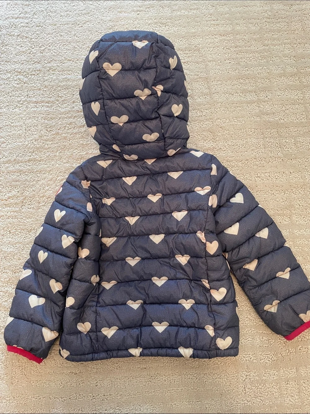 GAP Blue and White Heart Print Puffer with Bright Pink Lining